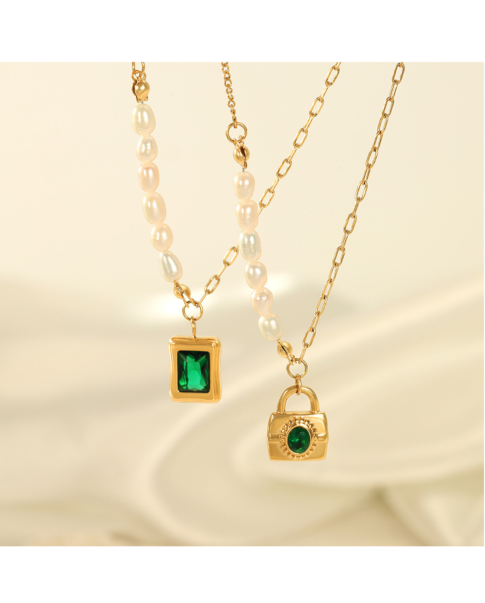 Elegant Square Lock Stainless Steel Plating Pearl Pendant Necklace