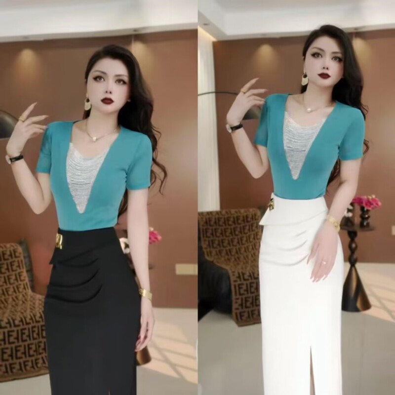 2026 Summer New Simple Beaded Slim-Fit Short-Sleeve Women's Versatile Fashion T-Shirt Super Stylish Top