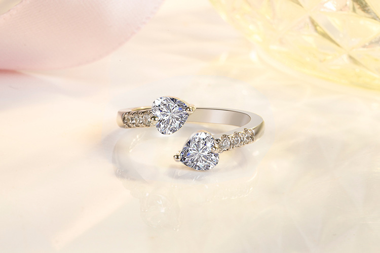 Double Heart Zircon Open Ring For Women Sterling Silver Style_voghion.com