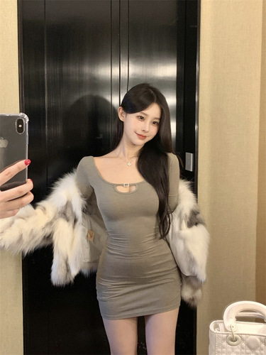 Women's American Sexy Mature Style Square Collar Long Sleeve Solid Color Base Layer Dress Autumn Quality Bustier Mini Skirt