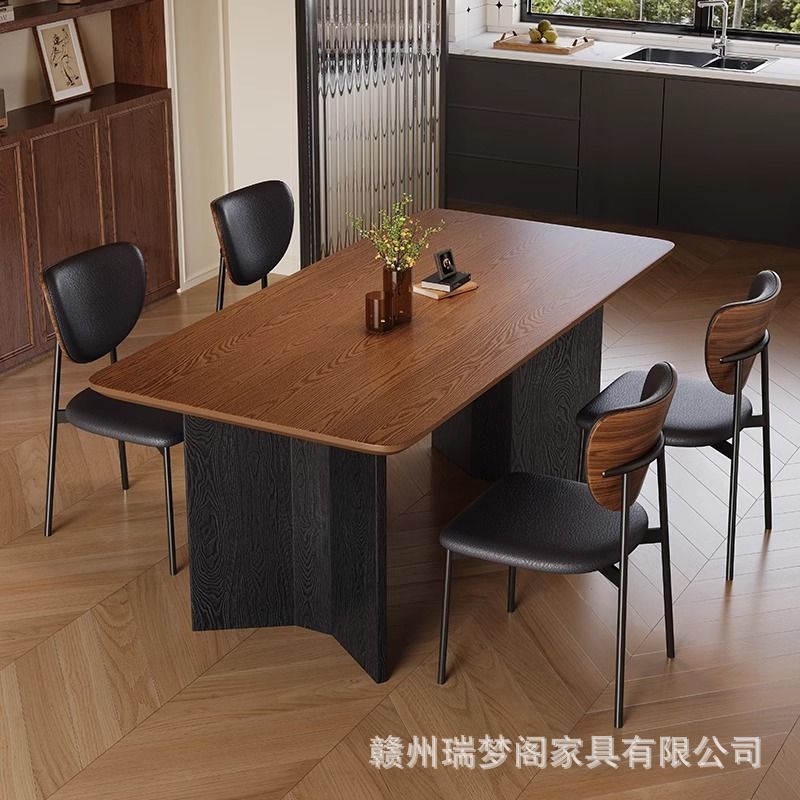 中古风现代简约家用白蜡木纹实木餐桌长方形小户型餐桌椅组合饭桌