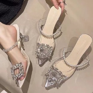 2023 Summer Fashion Outfit Pointed Rhinestone Square Buckle High Heels Fairy-style Transparent Slides with Thin Heel