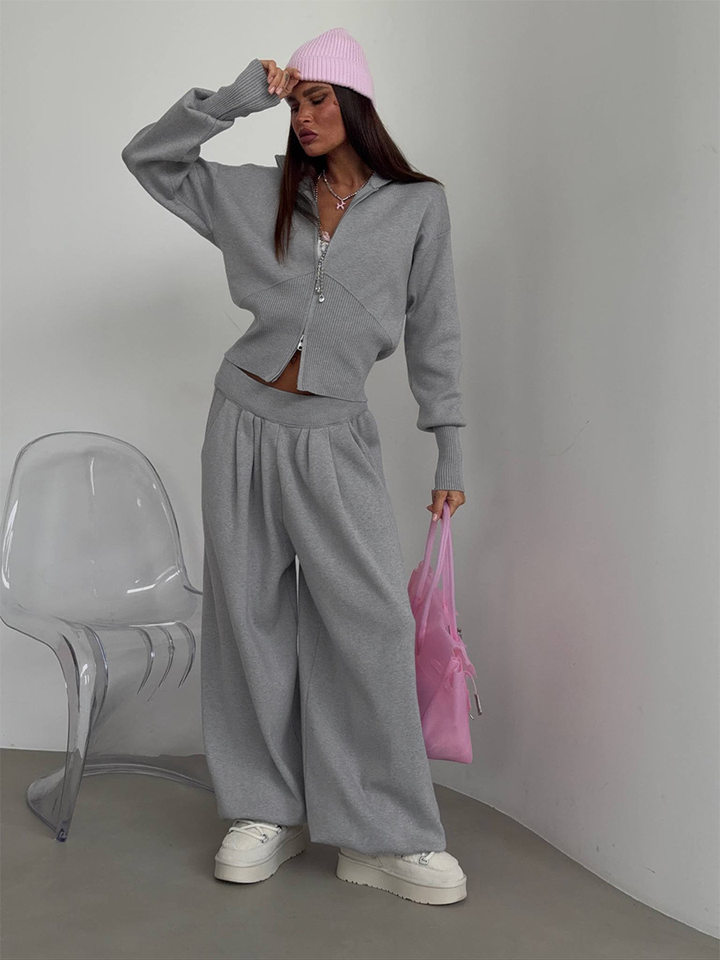 Set áo len cardigan dáng rộng phối quần ống lồng hai dây kéo — màu hồng, màu xám