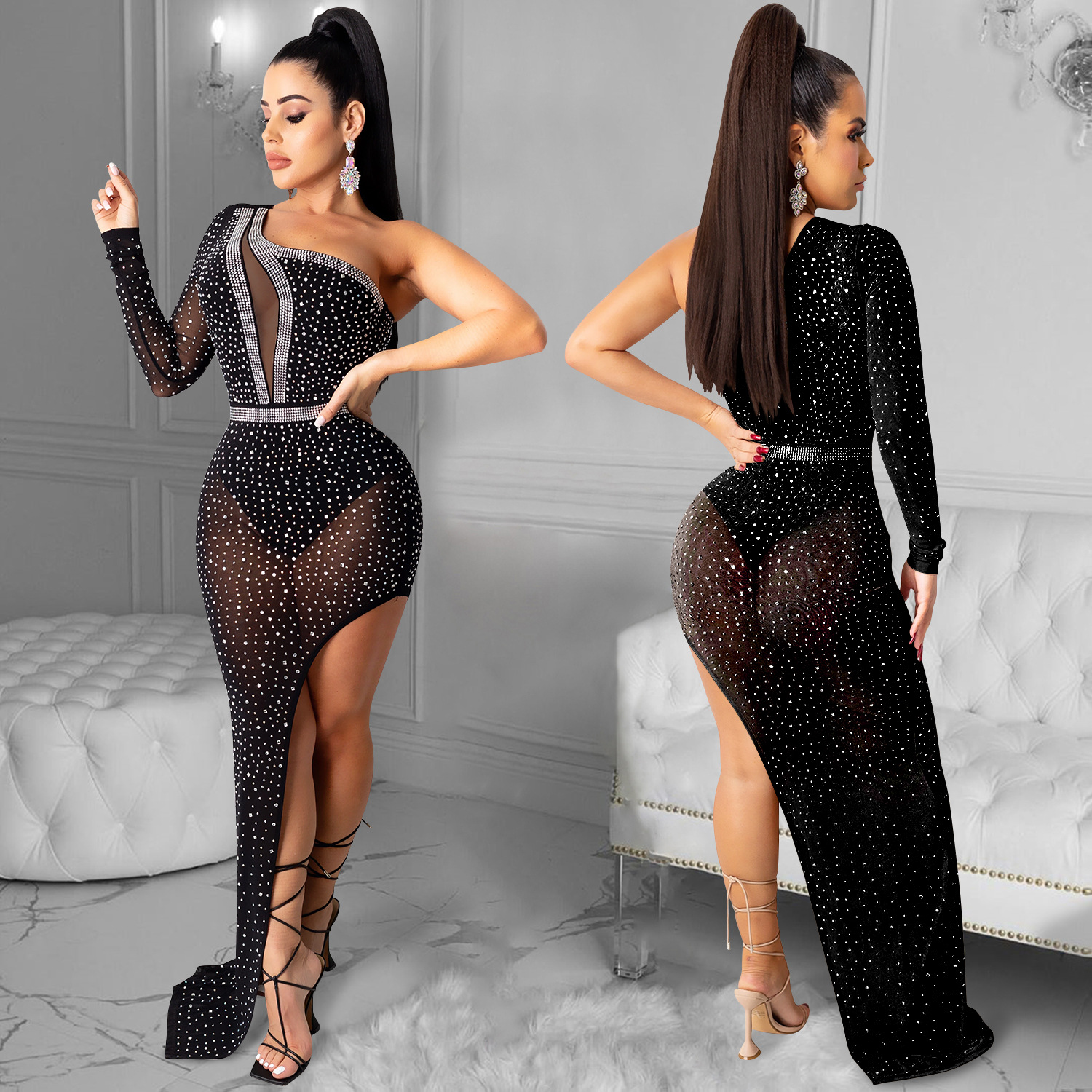 X5028 transfronterizo Otoño e Invierno Nuevo Europeo y Americano de las mujeres sexy vestido de club nocturno de malla transparente vestido irregular para las mujeres image 2