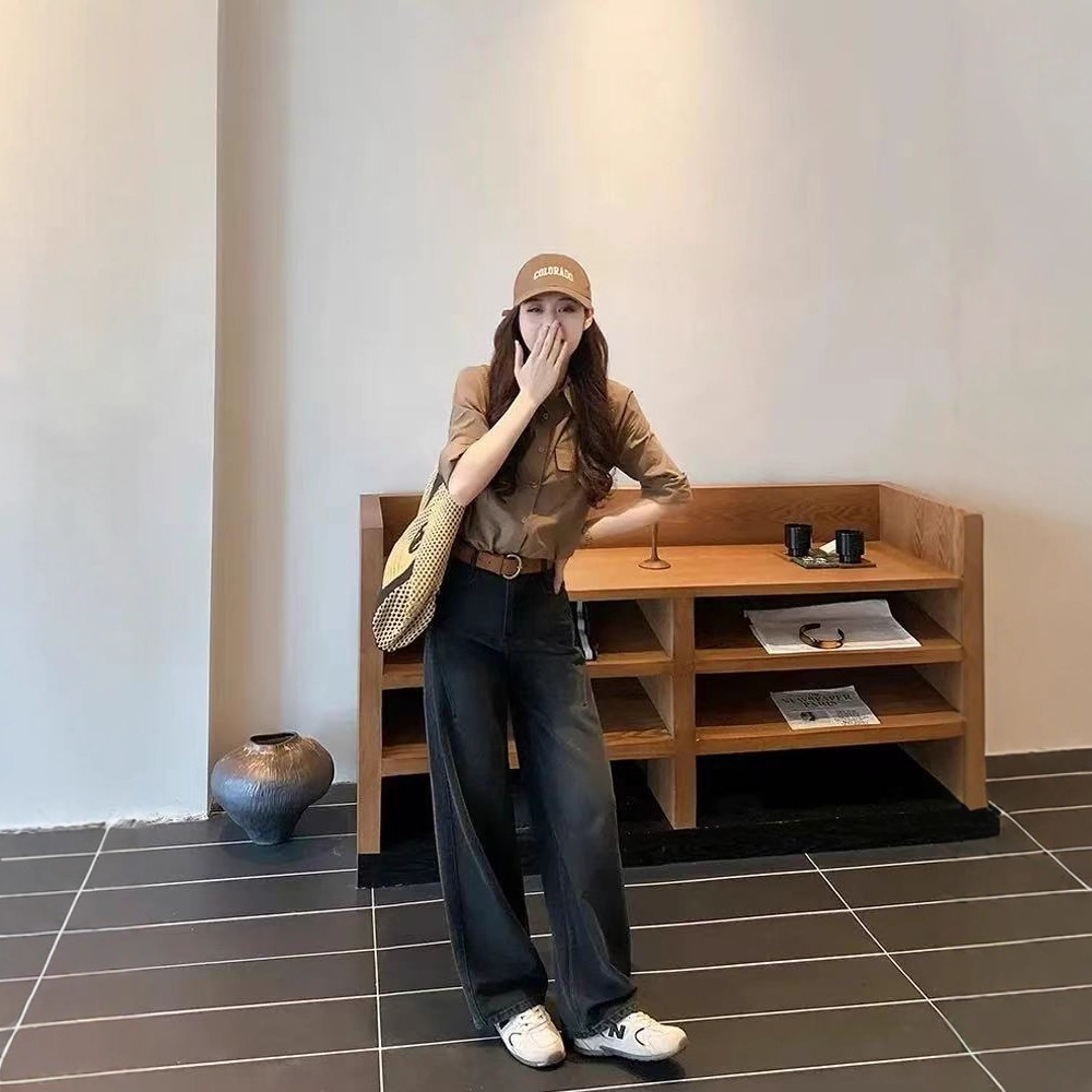 加绒加厚复古黑灰色阔腿牛仔裤女2025冬季新款直筒宽松显瘦拖地裤