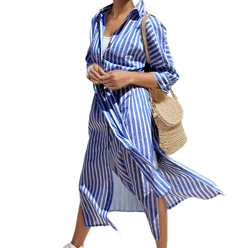 2025 Spring Independent Store Cross-border European and American Women's Fashion New Striped Cardigan Seven-Sleeve Collar Dress