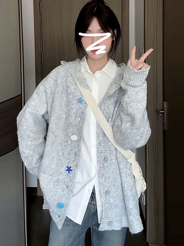 韩系慵懒风连帽毛衣开衫外套女秋冬季2025新款高级感宽松针织上衣|undefined