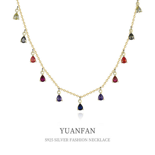 Colorful Gemstone Necklace for Women, Unique 925 Pure Silver Cross-border Retro Instagram Style Fringe Droplet Zircon Choker Lock Chain