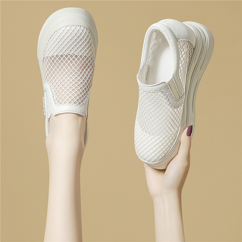 Giày sneaker nữ đế dày lưới thoáng khí một chân tăng chiều cao đi làm mùa xuân hè — 6124 Màu be, 6124 Da đen chi tiết 9