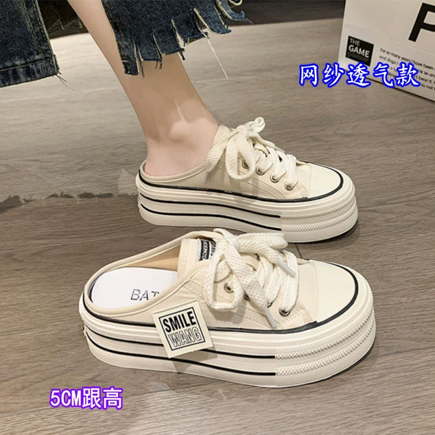 Холщовые полутапочки женская летняя одежда 2023 новая сетка с красным ощущением на толстой подошве без обуви