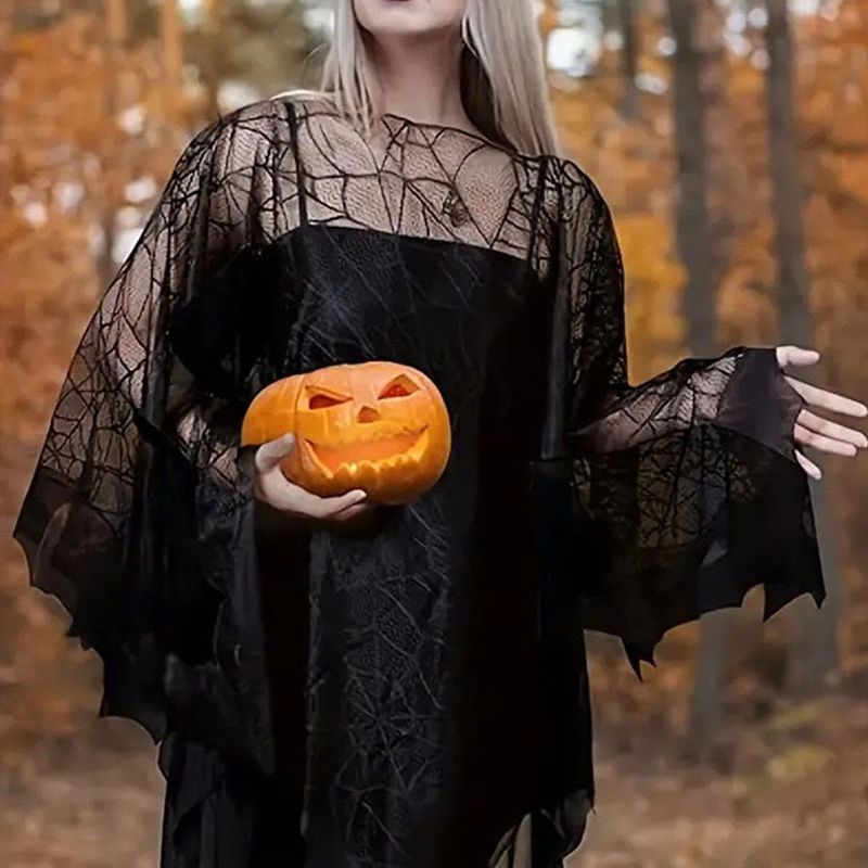 ハロウィンマントブラックレースクモの巣布コウモリショールハロウィンパフォーマンス服ダーク小道具衣装|undefined