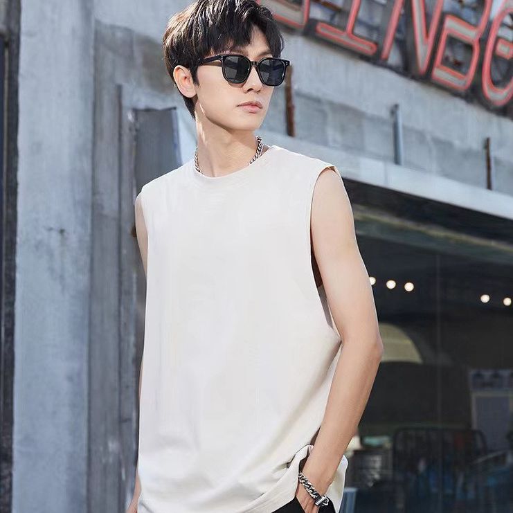 Wholesale summer trend 240g heavy cotton vest youth casual round neck sleeveless T-shirt loose sports solid color