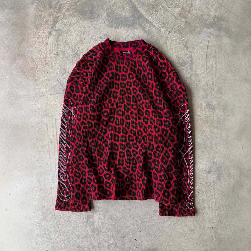 American Retro Street Trendy Loose Leopard Print Double-Sleeved English Printed Ins Style Round Neck Casual Long-Sleeved T-Shirt