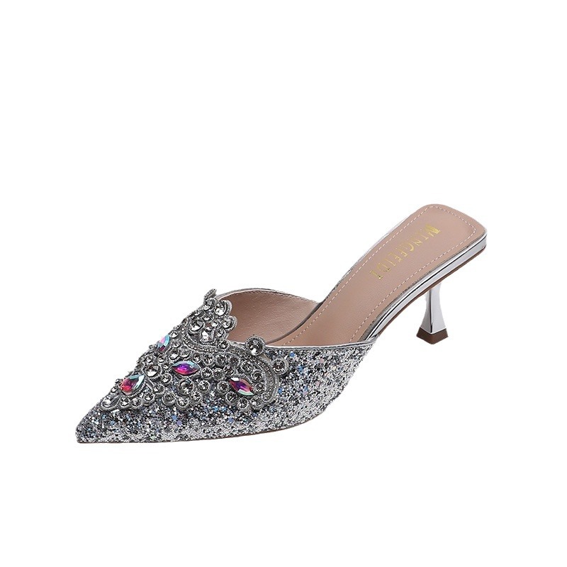 2024 verano nuevo estilo red red diamond medio zapatillas zapatillas de tacón frío zapatillas de tacón alto zapatillas de mujer ropa exterior de moda tacones delgados punta