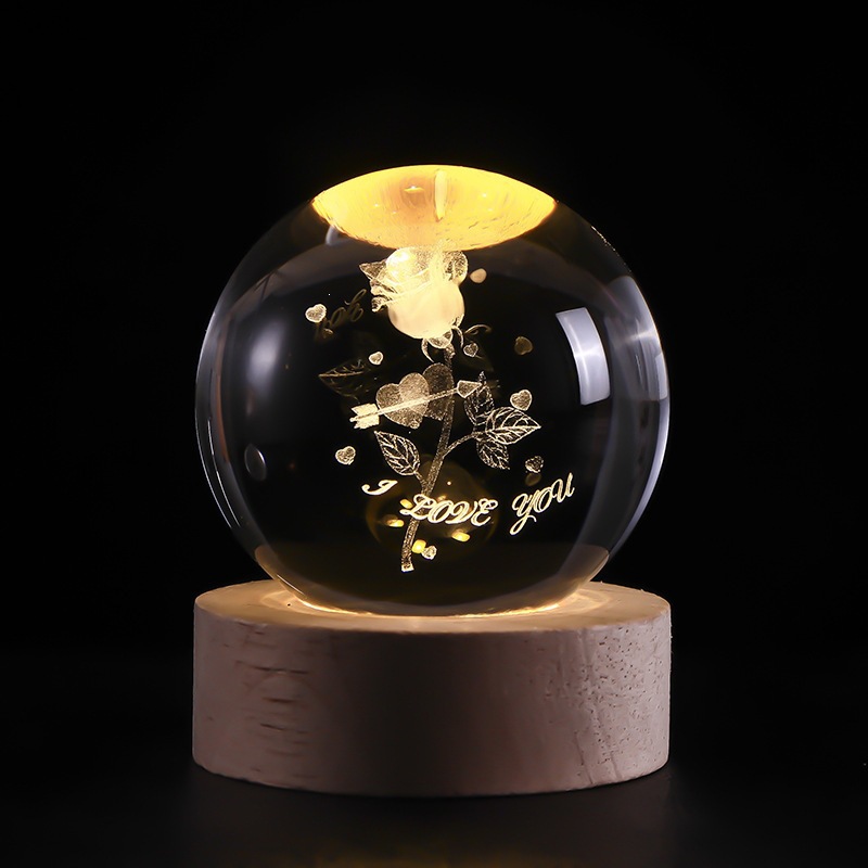 Bola de cristal luminosa lámpara de noche 3D esculpida estrella base de madera sólida regalo de cumpleaños decoración de escritorio creativa