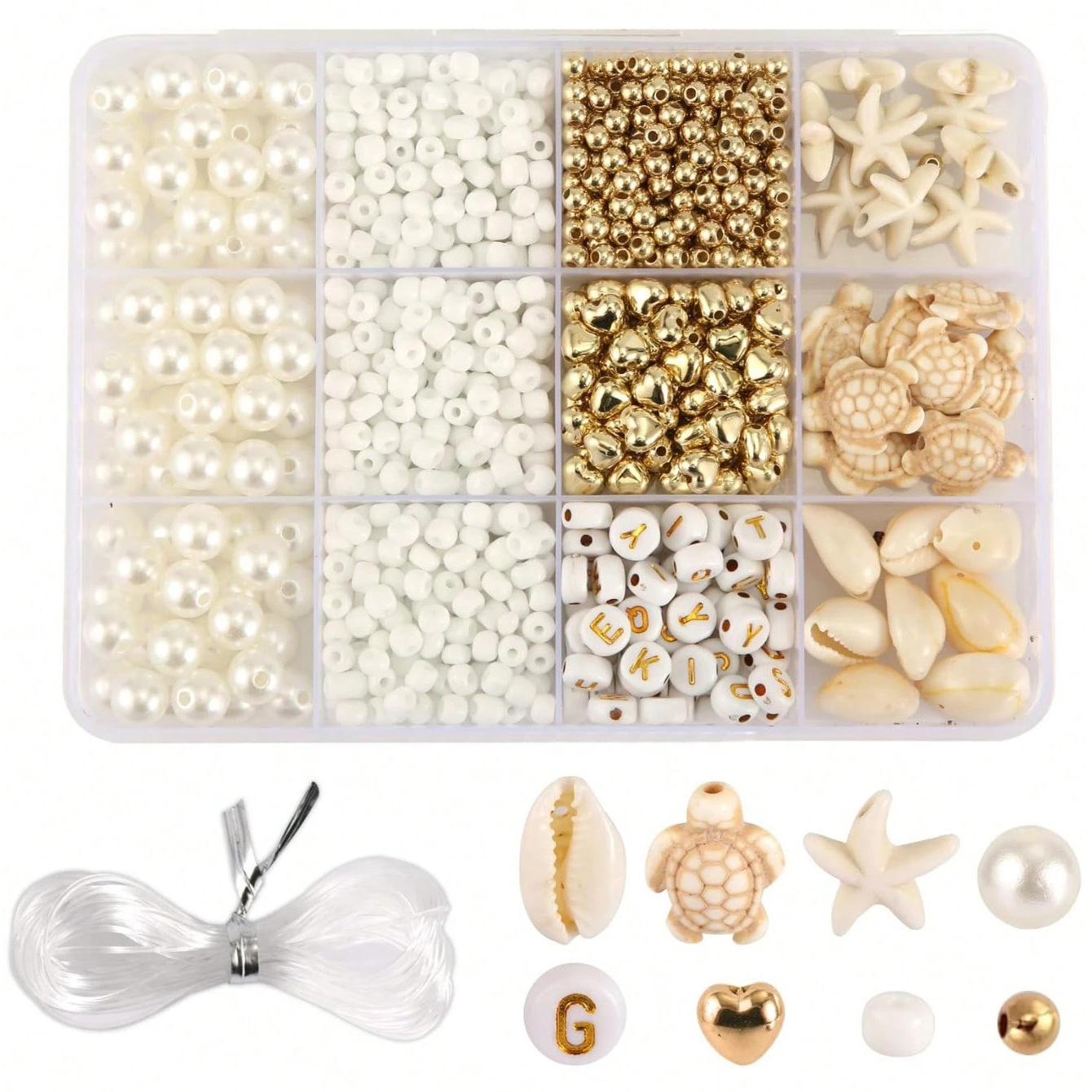 Cross-Border Hot Selling 12/15/24 Compartment Abs Imitation Pearl Box Set with Gold Spacer Beads, Shell, and Starfish DIY Jewelry Accessories