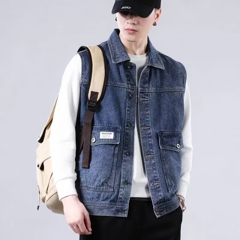 Trendy Brand Denim Vest Jacket for Men, Spring and Autumn New Fashion Versatile Loose Sleeveless Work Jacket