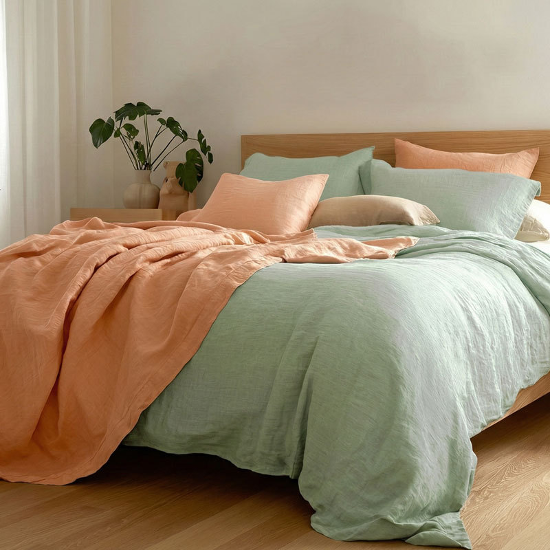 Juego de cuatro piezas de lino puro lavado a la francesa, estilo INS de lujo ligero, ropa de cama de color liso para otoño e invierno, ideal para dormir sin ropa, venta al por mayor para otoño e invierno.