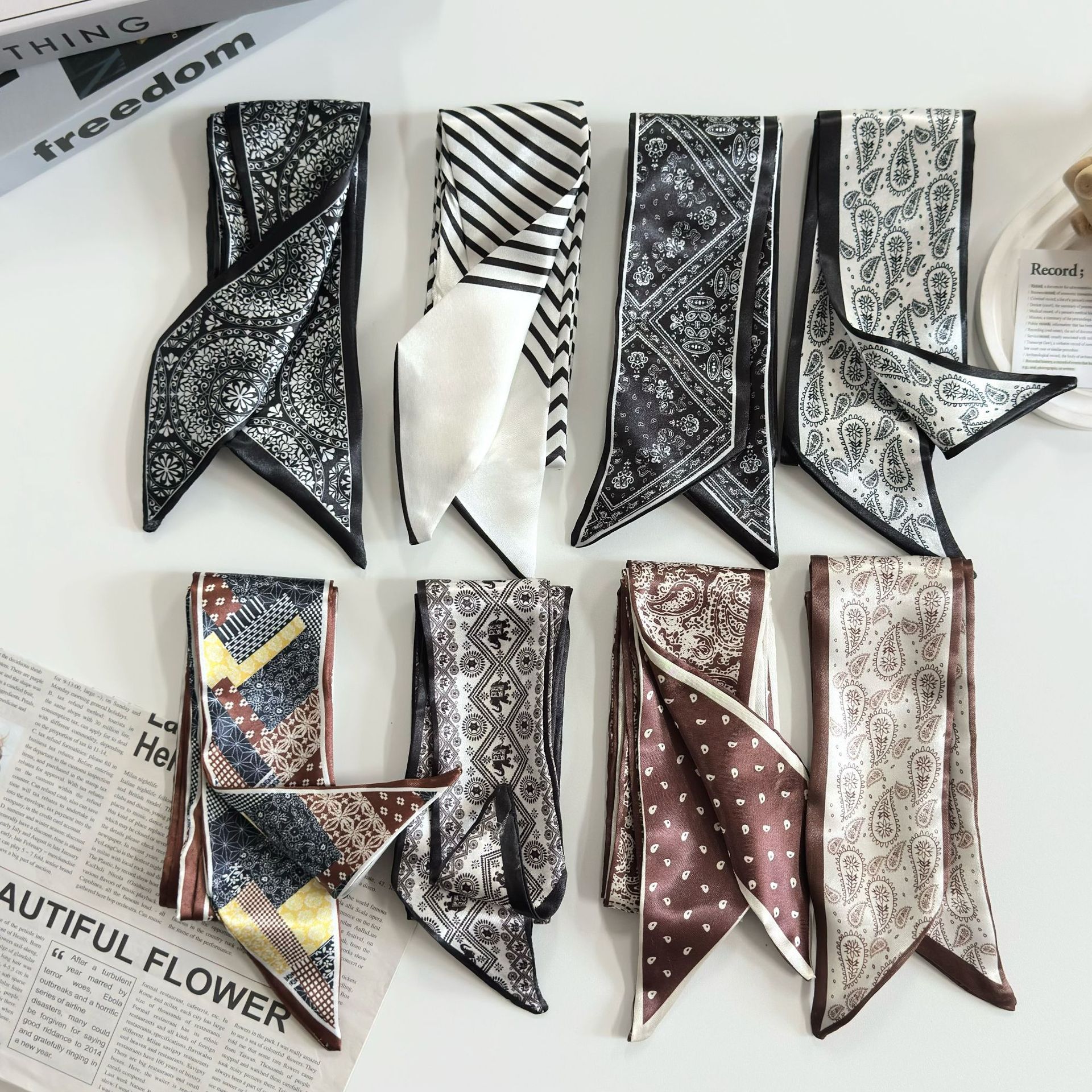 黑白双面腰果花丝巾春秋服装配饰腰带衬衫领巾多功能腰带百搭