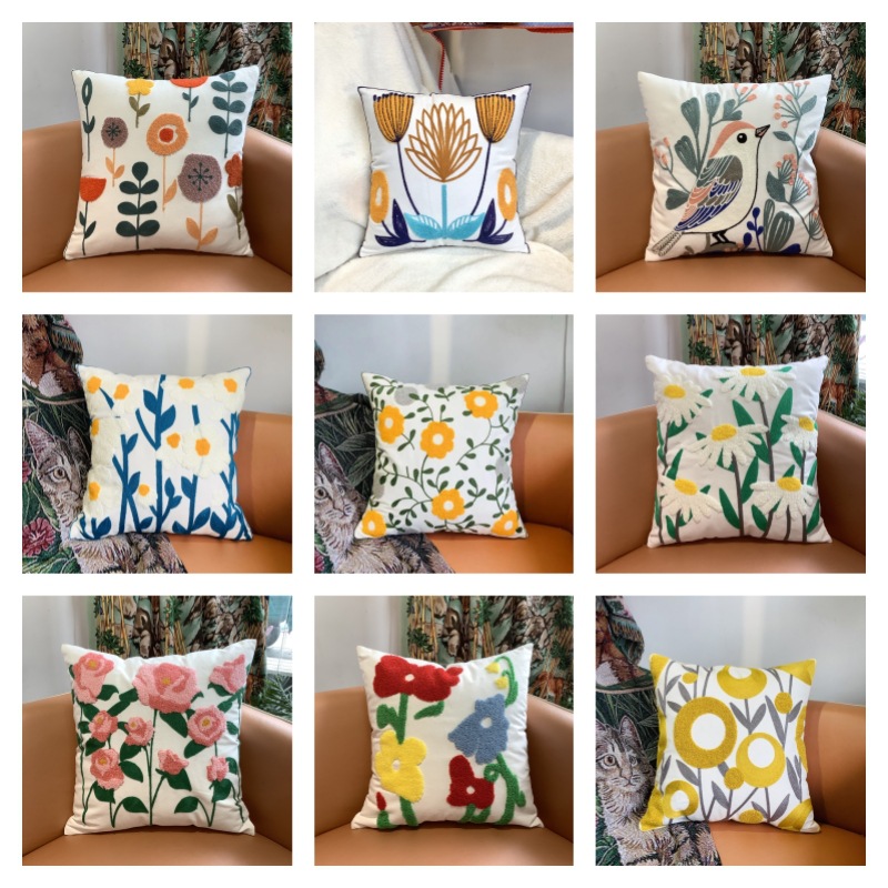 新款帆布毛巾绣花抱枕套ins田园家居风格客厅沙发装饰靠垫护腰枕