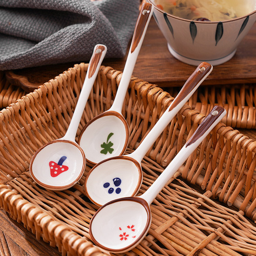Long-handled ceramic spoon, household rice spoon, cartoon spoon, children's spoon, cute strawberry spoon, hand-painted Internet celebrity tableware