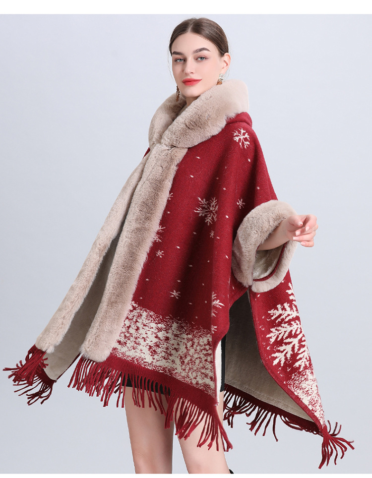 Loose and fleece thick woolen collar hooded fringe knitted shawl cape plus-size woolen coat_voghion.com