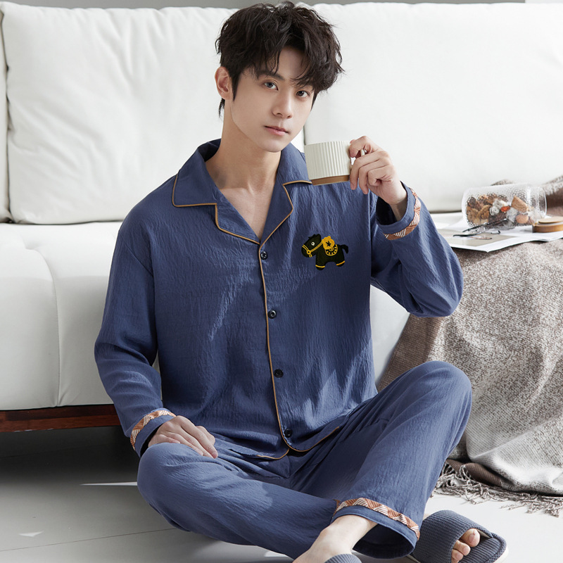 Men's Pajamas Spring and Autumn New Style Cloud Cotton Long-Sleeved Men's Simple Design Home Wear Casual Suit Wholesale