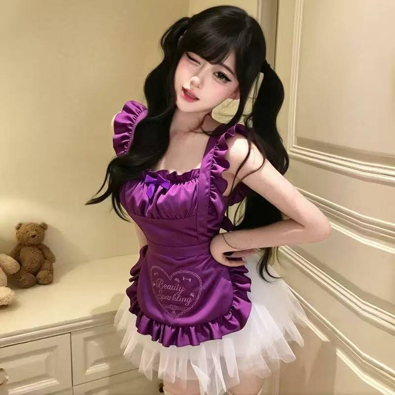 Maid Cosplay Costume Set with White Apron, Satin Skirt and Butterfly Socks — detail image 7