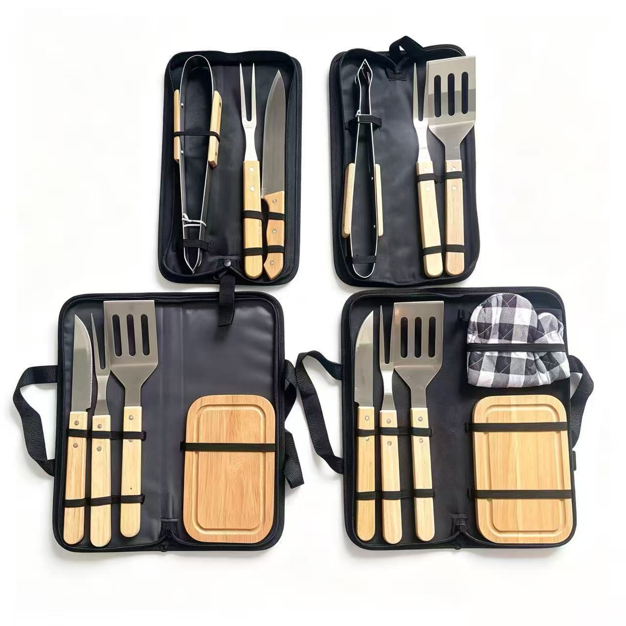 Juego de Utensilios para Barbacoa de Acero Inoxidable y Madera con Bolsa de Almacenamiento para Exteriores