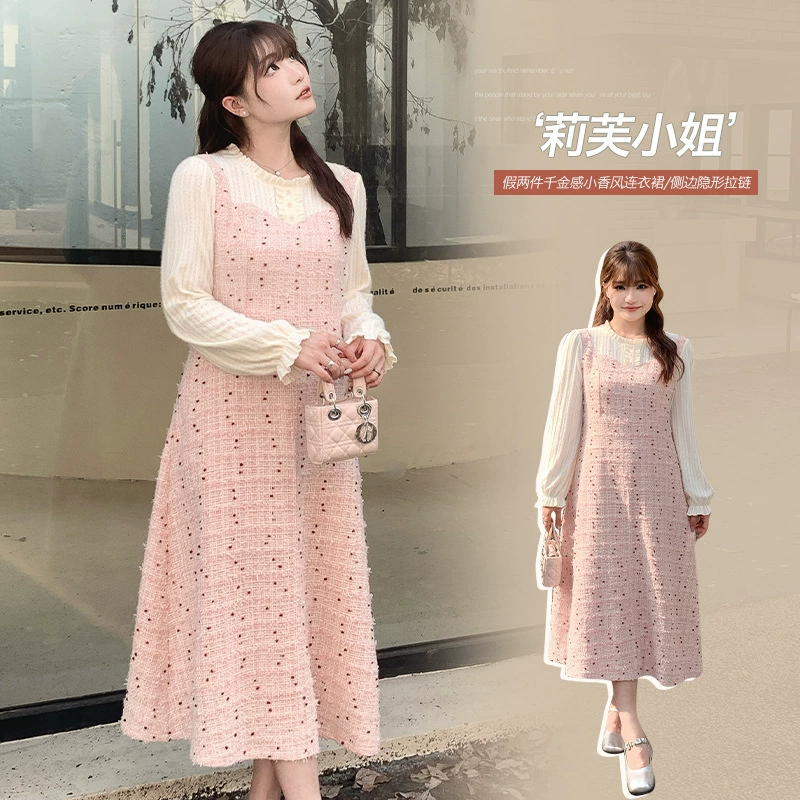 Платье в стиле Chanel, имитирующее двухслойное платье, для весны, одежда больших размеров, платье с высокой талией, стройнящее фигуру, 65122