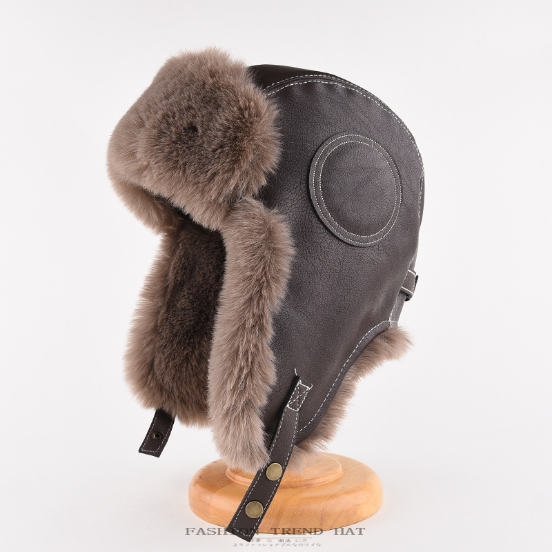 Leather Lei Feng Hat Men's Winter Thickeneded Warm Ear Protection Pilot Circle Leather Hat Women's Outdoor Cycling Cold-Proof Hat