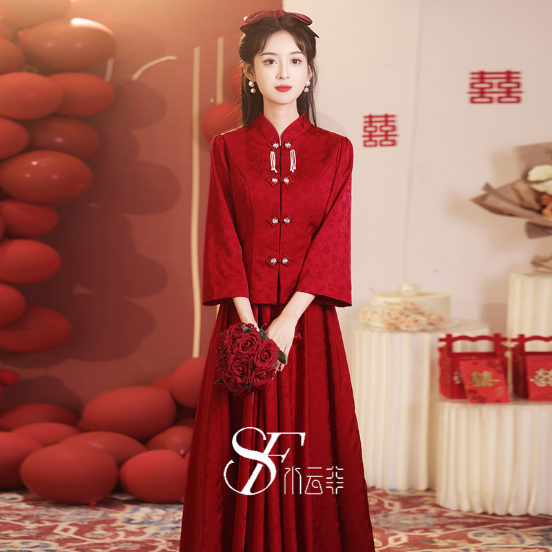 Chinese-Style Toast Dress for the Bride, 5 New Chinese-Style Long-Sleeve Cheongsam, Long Retro Engagement Dress for Women with a High-End Feel