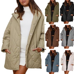 Cross-border Amazon European and American 2023 autumn and winter foreign trade solid color loose plus size diamond hooded long-sleeved overcoat jacket