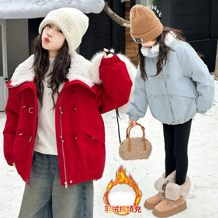 Girls' quilted winter coat, 2025 new autumn and winter style, fashionable terry cloth collar coat for girls and older children.