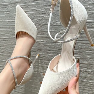 2025 Spring Da Dong New High Heels Women's Stiletto Shoes Temperament Socialite Cross Buckle Pointed Toe Rhinestone Sandals