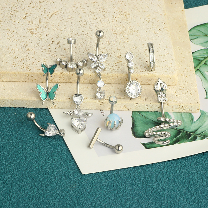 Amazon New Inlaid Zircon Love Belly Button Ring Butterfly Inverted Belly Button Nail Snake Belly Button Ring Piercing Jewelry 10 Pieces detail image 11