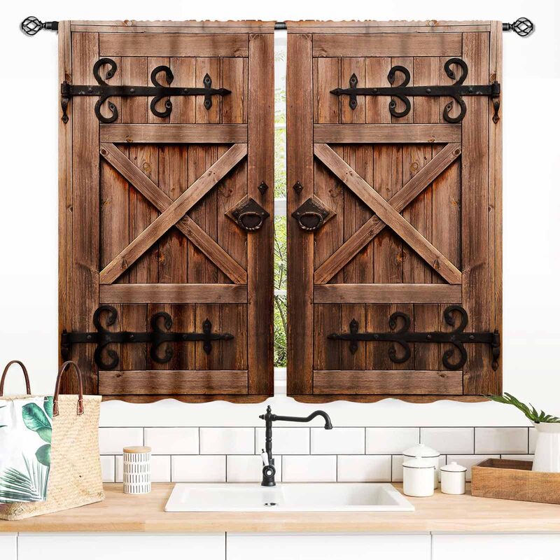 Cross-border rustic brown wood panel style wood grain barn door digital print curtains, exclusively for bedroom and living room, wholesale from manufacturer Cross-border rustic brown wood panel style wood grain barn door digital print curtains, exclusively for bedroom and living room, wholesale from manufacturer