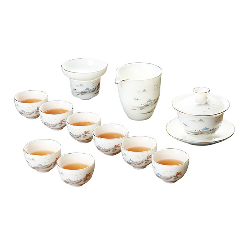 Corporate event business gift printed logo mutton fat jade porcelain Kung Fu tea set set for home use as a souvenir