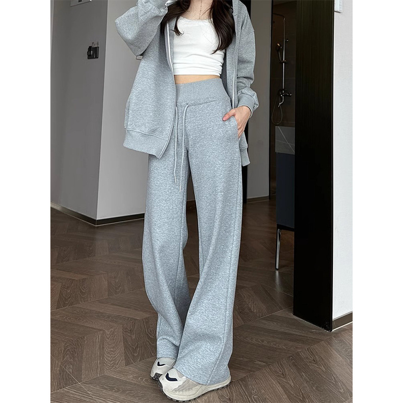 Pantalones de deporte negros de mujer pequeño otoño y invierno nuevo estilo de cintura alta sensación de caída pantalones casuales sueltos pantalones rectos de piernas anchas