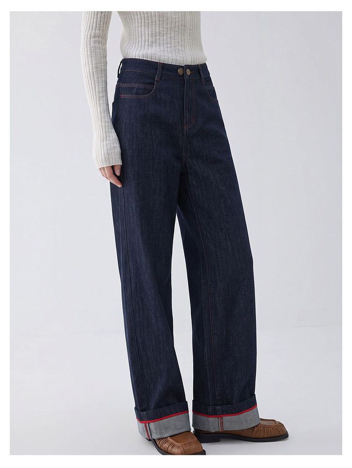 Quần jean ống rộng nữ lưng cao dáng suông dài phong cách thoải mái — Sâu denim xanh chi tiết 11