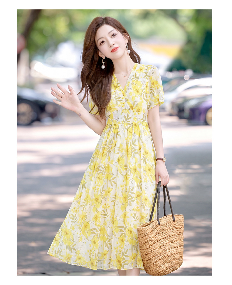 Đầm maxi nữ thắt eo họa tiết hoa nhí cổ V xếp ly tay ngắn — xanh lam, Màu hồng, màu vàng chi tiết 21