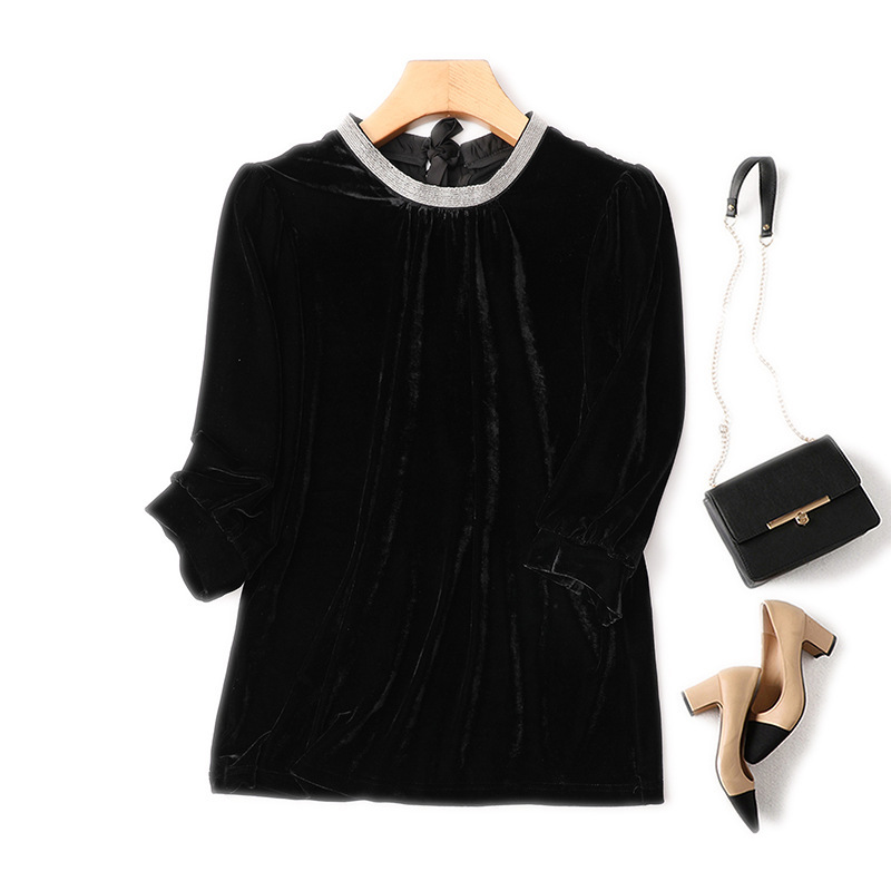 Wholesale autumn and winter clothes round neck small beaded lace-up three-quarter sleeve gold velvet British light luxury plus size T-shirt solid color temperament