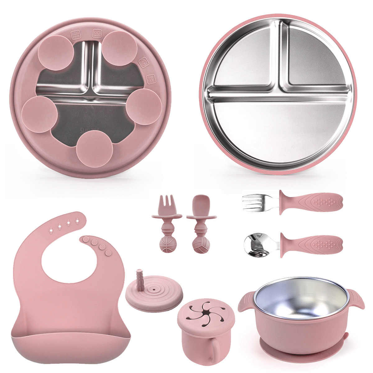 Tazón de alimentos suplementarios personalizados para bebés 304 cubiertos de acero inoxidable juegos de cubiertos de silicona para niños patrón impreso