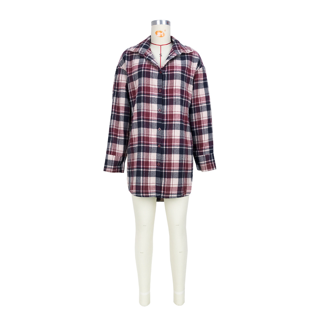 Women Clothing Comfortable Cotton Plaid Coat Shirt Dress