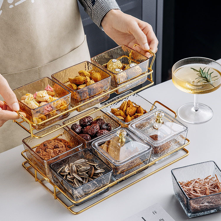 创意锤纹四方形玻璃碗家用干果零食碟子KTV小吃拼盘分格果盘套装