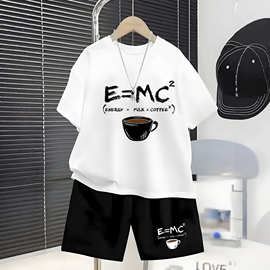 跨境男童夏季套装E=MC²趣味咖啡印花网眼透气短袖短裤休闲两件套