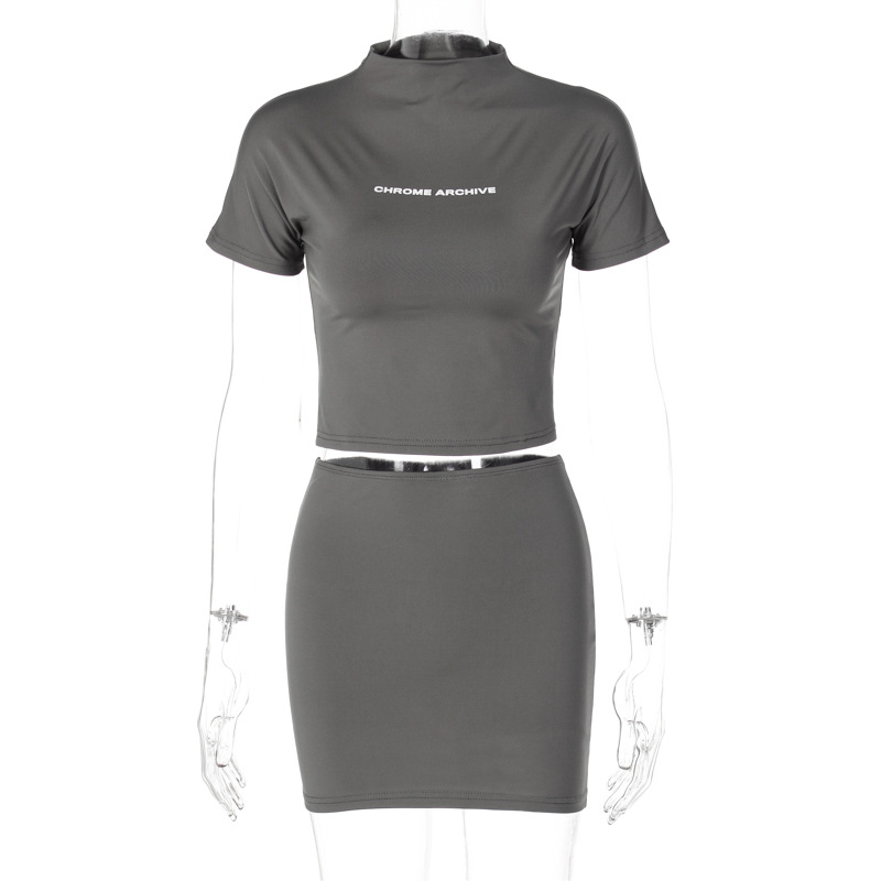 Set mezza gonna slim fit da donna alla moda 2023 nuova estate con stampa di lettere girocollo e top corto_voghion.com