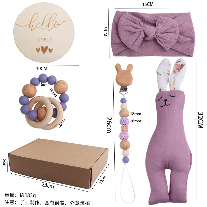 Clip de chupete de madera de haya de conejo de dibujos animados para bebés, banda para el cabello con lazo para bebés, cadena de chupete, juego de cinco piezas