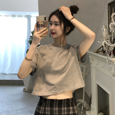 Summer Korean-style white slimming crop top T-shirt for petite women students