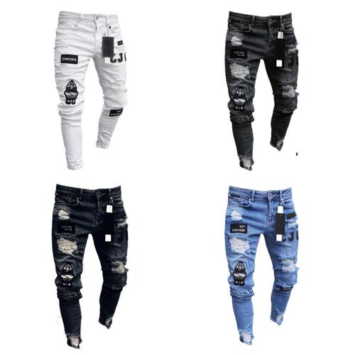 New Arrival: AliExpress, Amazon, and Wish Hot-Selling Men's Slim-Fit Denim Jeans with Ripped Holes and Badge Details—European and American Style